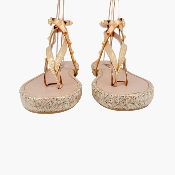 Valentino Garavani Rockstud Espadrille Thong Sandals Size 38 US 8 Gold Flat - Picture 6 of 15